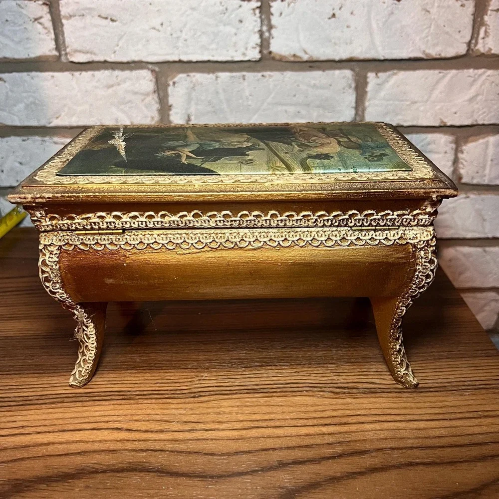 VTG Japan Musical Jewelry Box Greensleeves Ballet Ballerina Red Velvet Footed *